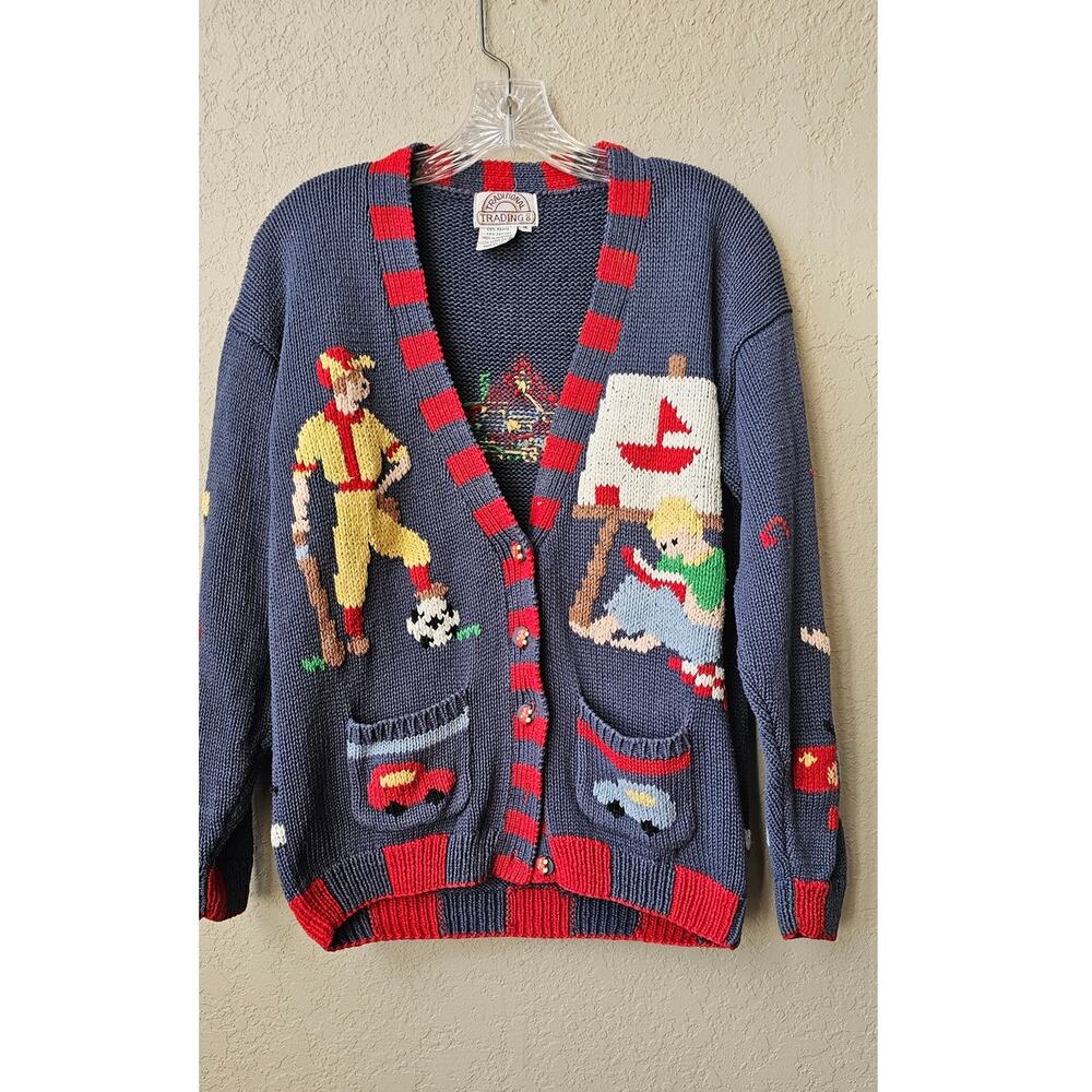 Vintage Hand Knit Boy Mom Cardigan Sweater Size‎ M Multi Soccer Legos FUN Unique